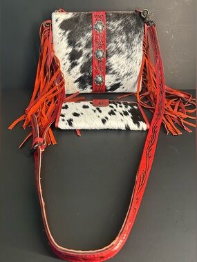 Leather Fringe Cowhide Crossbody Purse with Red Leather Trim And Matching Wallet